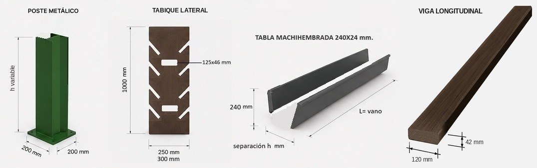Piezas principales del módulo PANACOR VG-PR: poste metálico de 200 × 200 mm y altura variable, tabique lateral de 1000 mm con ranuras, tabla machihembrada de 240 × 24 mm y viga longitudinal de 120 × 42 mm