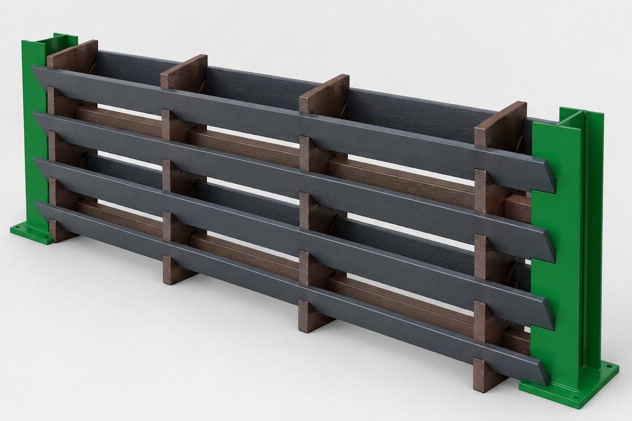 Estructura del módulo PANACOR VG-PR entre postes de acero: tabiques de madera polimérica, vigas longitudinales que los atraviesan y tablas machihembradas encajadas en las ranuras