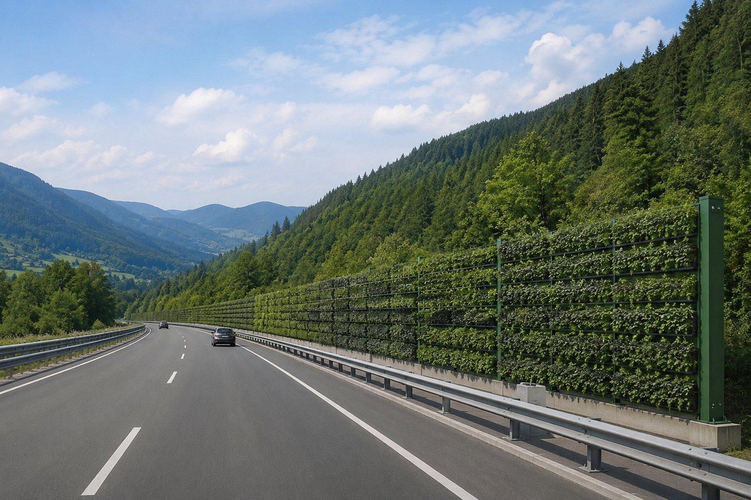 Recreación de la pantalla PANACOR VG-PR en el margen de una autovía de montaña, detrás de la barrera de seguridad